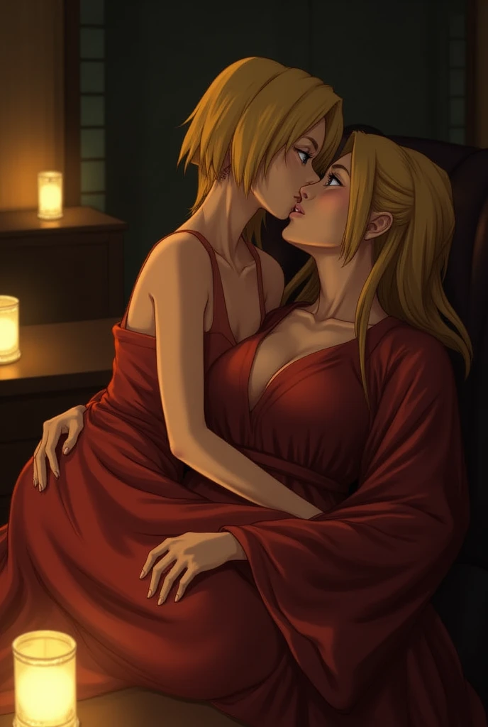 Beautiful 23 year old large blonde woman in lingerie with little boy, pubic black hair, big breasts one naked, tongue with pleasure, in a softly lit bedroom on a cozy bed and warm flowers, sex with little 7 year old redheaded son in pajamas. small 7 year old boy inserts penis into woman's crotch, a little boy, Cute, passionate, movement lines.