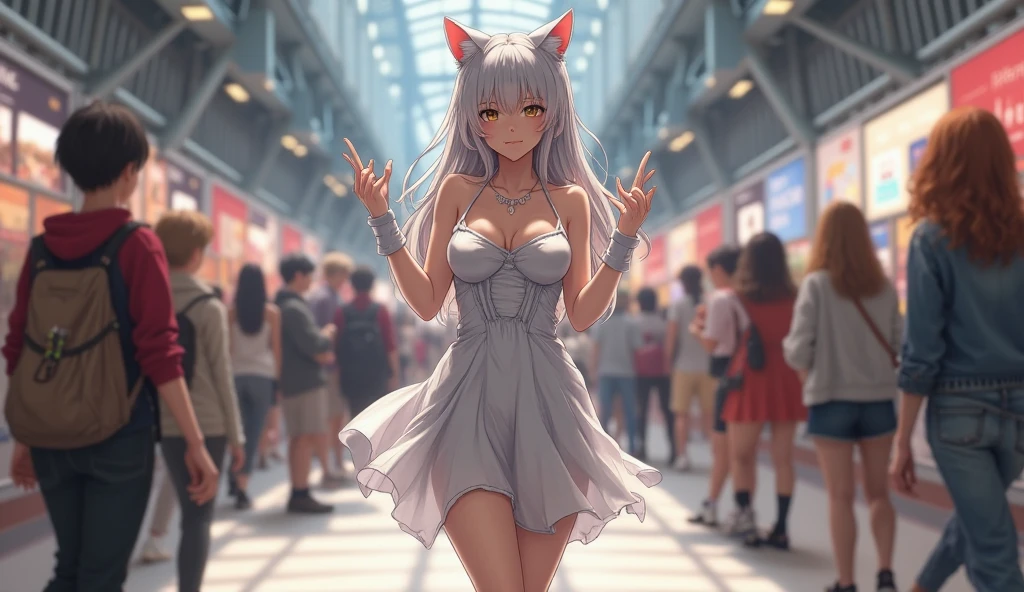 Silver hair, pink eyes, body, cat ears, woman, happy face, pet cat, cats in background,  cats,  pink clothes 