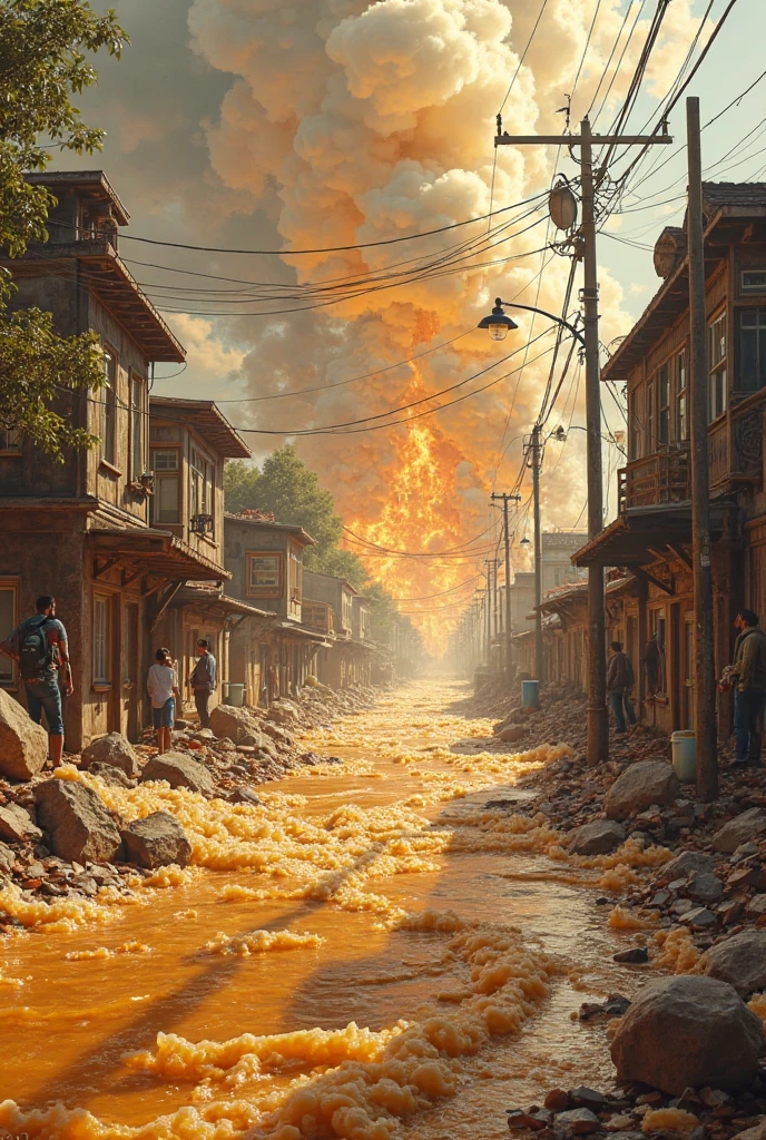 Hawaii Lahaina burning, painting view from the street, in the morning, beautiful sky, style by christian lassen, Best quality, realistic, award-winning illustration in color, (complicated detail: 1.2), (fine detail) christian lassen style