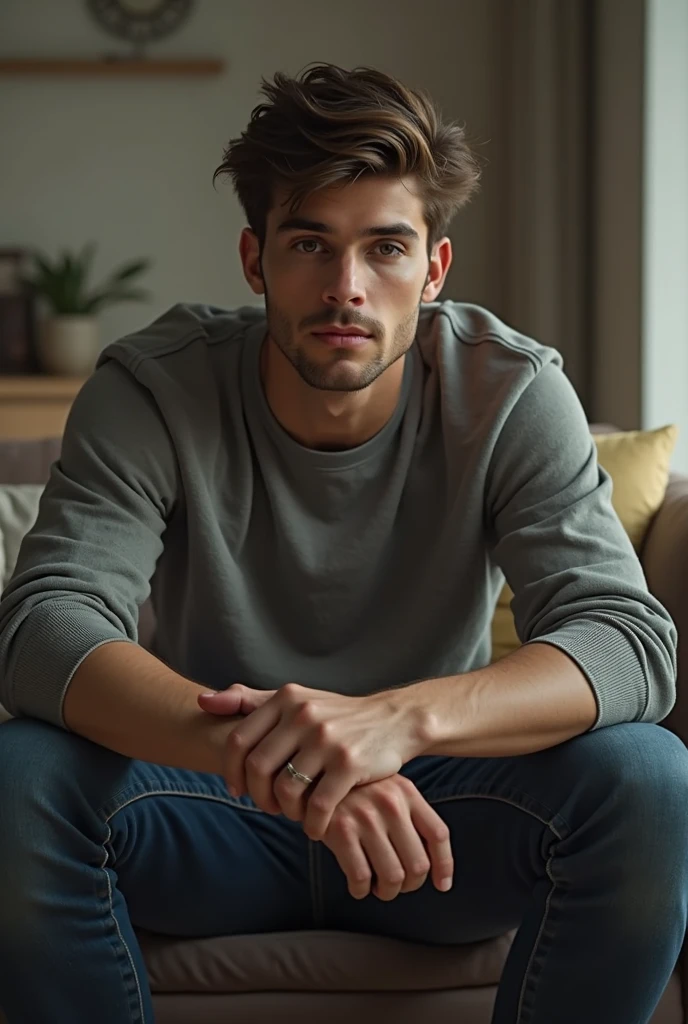 real, cinematic, high quality, Handsome Men Short hair ,casual clothes,sitting on sofa ,living room