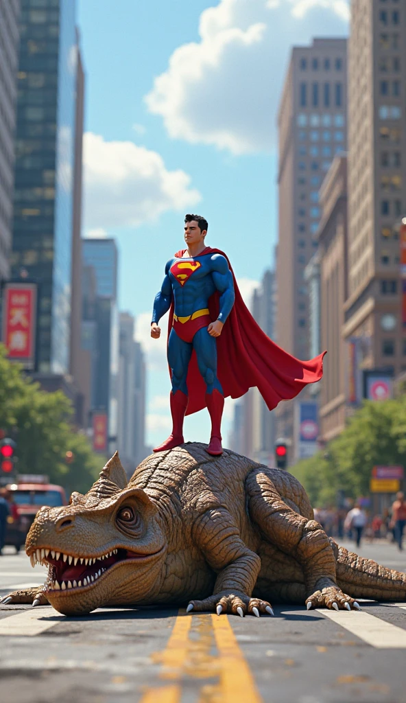 Image of a superhero with a pet dinosaur