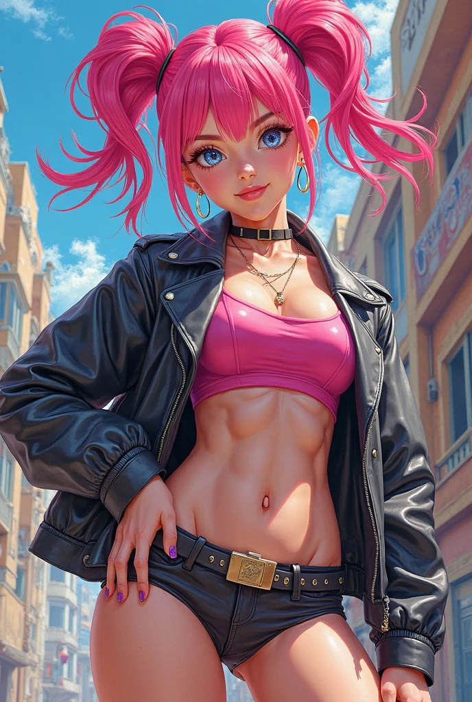 high detailed, 8k, wearing a black crop top biker jacket and jean shorts, pastel pink hair, punk rock, abs, fit, 1girl, sunglasses, hoop earrings
