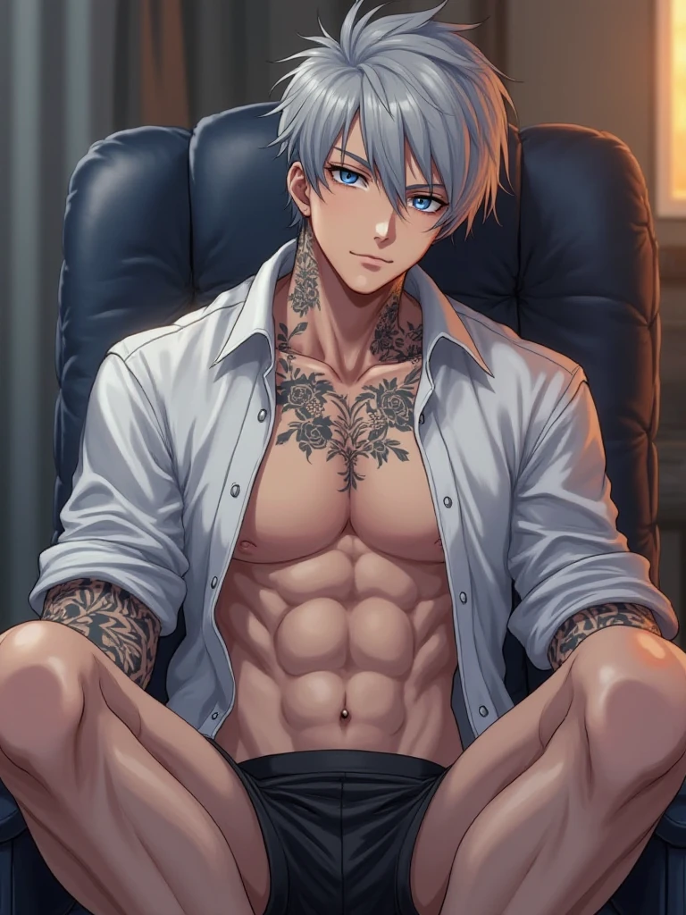 Anime guy about 16 without outerwear. Muscular with 6-pack abs and back. With white hair. Lying on the bed.