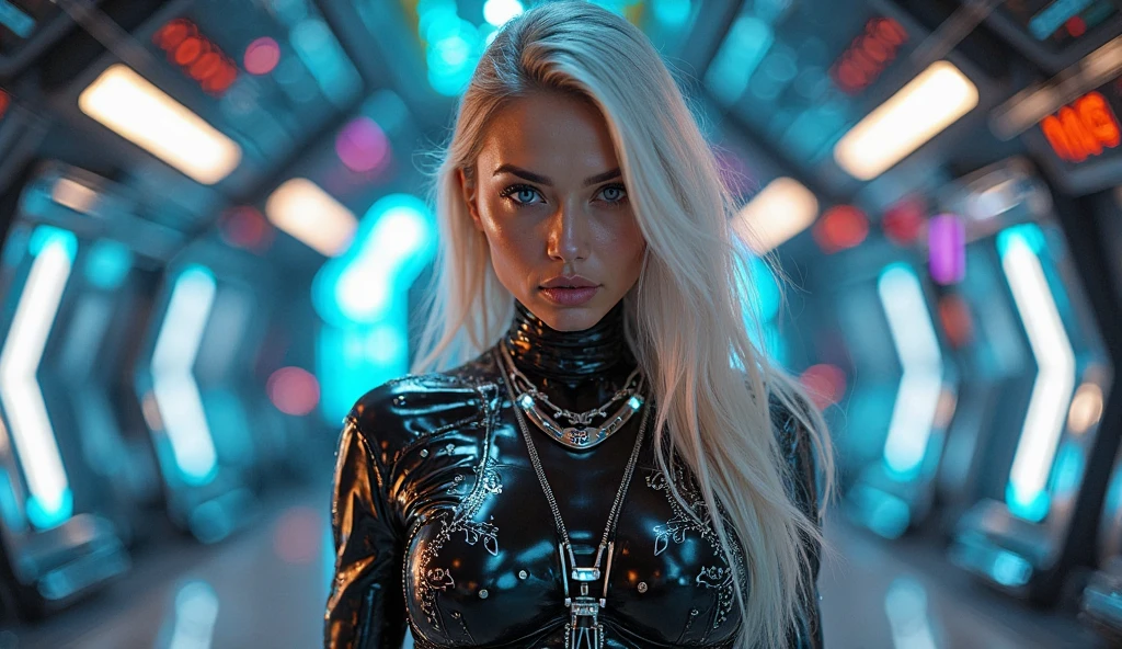 (Best quality,highres:1.2), ultra-detailed, (realistic:1.3), 1 gorgeous European blonde cyberpunk (looks similar to Madison Beer), futuristic, portrait, shiny revealing latex outfit, cyber implants, virtual reality, glowing makeup, metallic body parts, body modification, techno atmosphere, cityscape background, hovering robotic arms, advanced technology, electric blue color palette, surreal lighting.