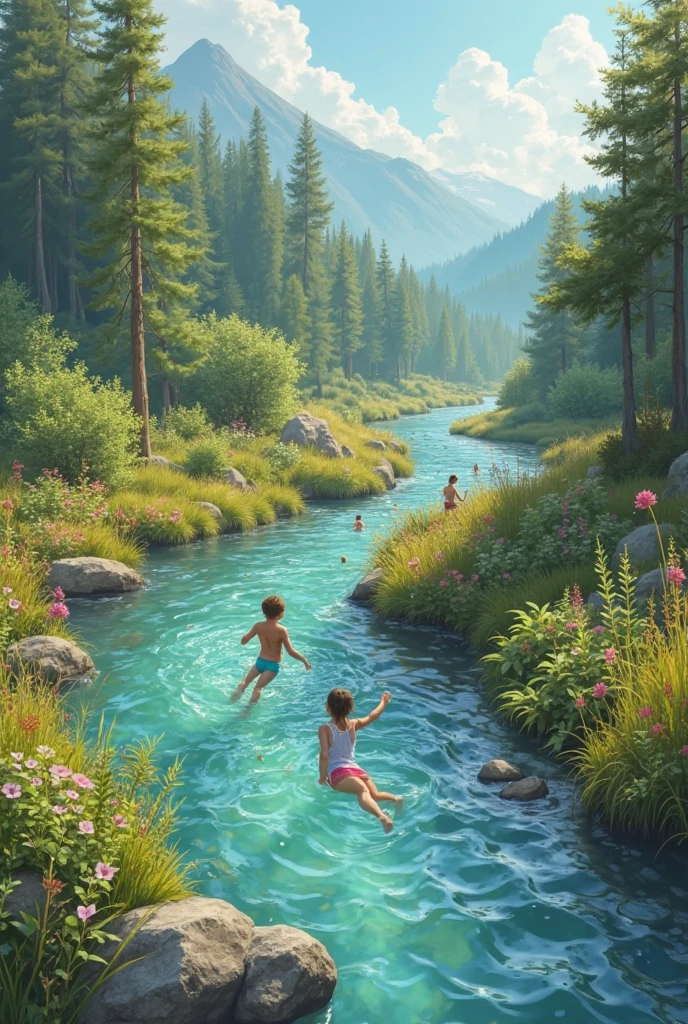 Group of friends swimming in a creek full of cannabis flowers