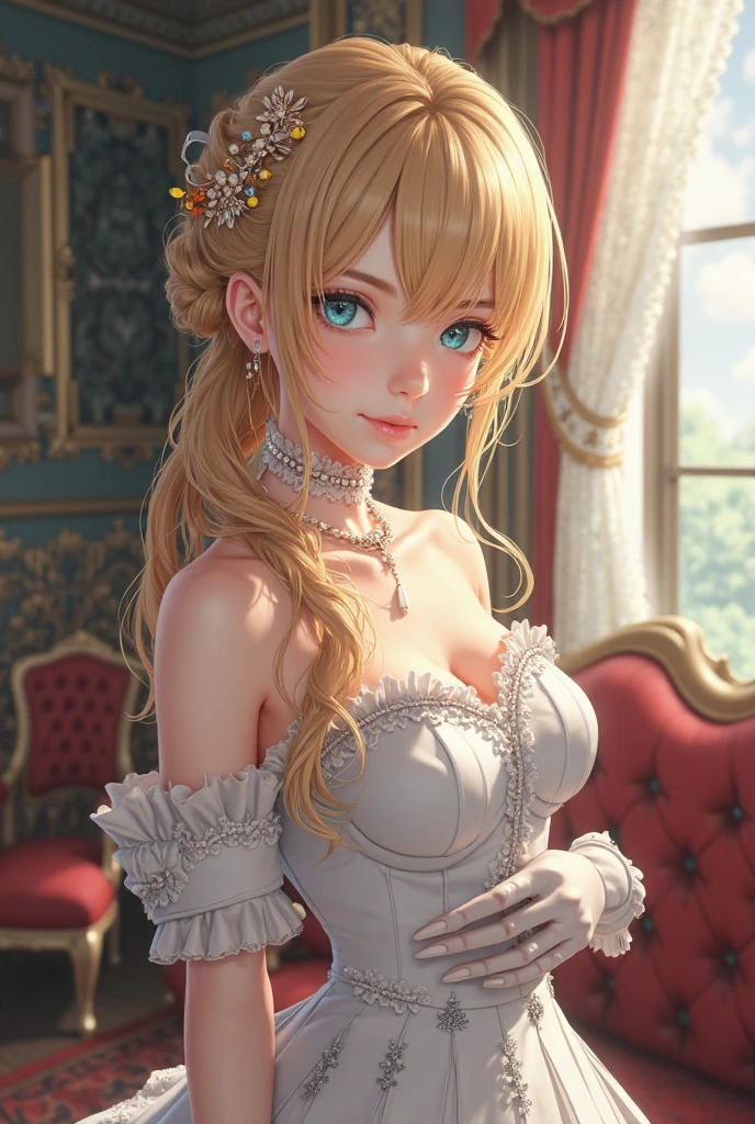 ((最high quality, 8k, masterpiece: 1.3, Ultra HD, high quality, 最high quality, High resolution, realism)) 、Marie Antoinette、Wearing Bourbon dress、blonde、Upstyle your hair、Inside the Palace of Versailles in France、Enjoy tea time in a luxurious room