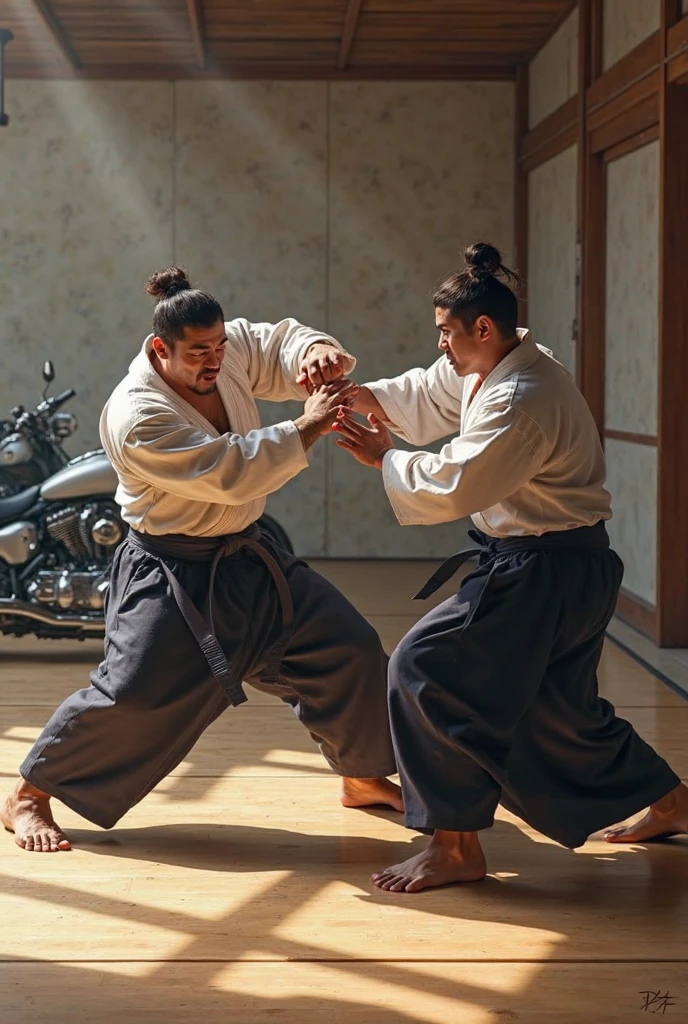 miyamoto musashi treinando com sua espada, realista, imagem ampla, em um dojo, detalhado