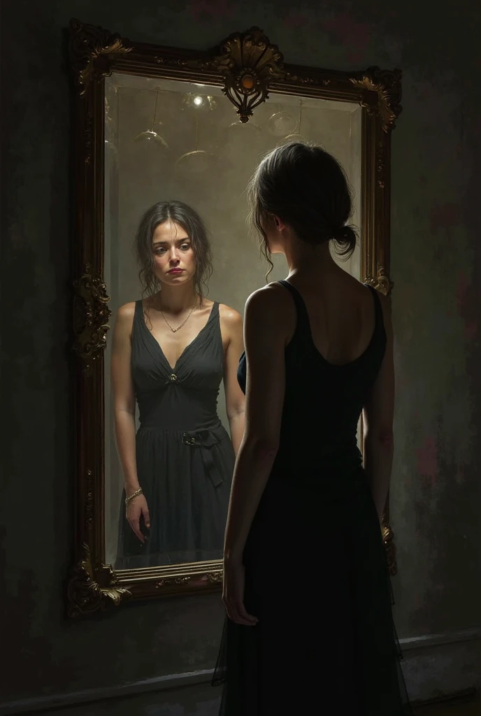 A lady looking at her sad younger self in the mirror in one image