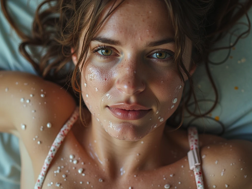 photography of a 11yo woman, perfect face, masterpiece, ((best quality)), ((masterpiece)), (detailed), perfect face messy sweaty naked beautiful girl hair face drenched in cum laying down face completely splattered in cum skinny body beautiful eyes every inch of her face and hair completely drenched in cum legs spread