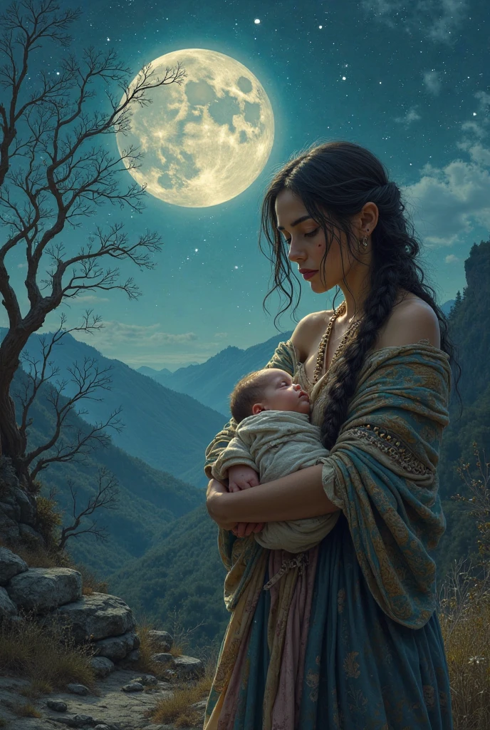 3D illustration of a dark rocky mountain under pale moonlight, a mother in long hair, big round breasts 1:4)a shabby coat holds a small baby in her arms, placing it carefully on a rock. Her facial expression was sad and desperate, with tears streaming down her cheeks.
