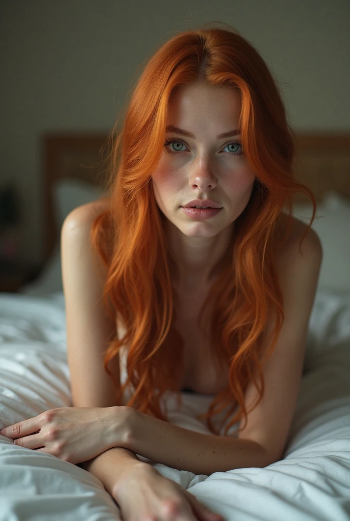 A naked redhead woman in bed