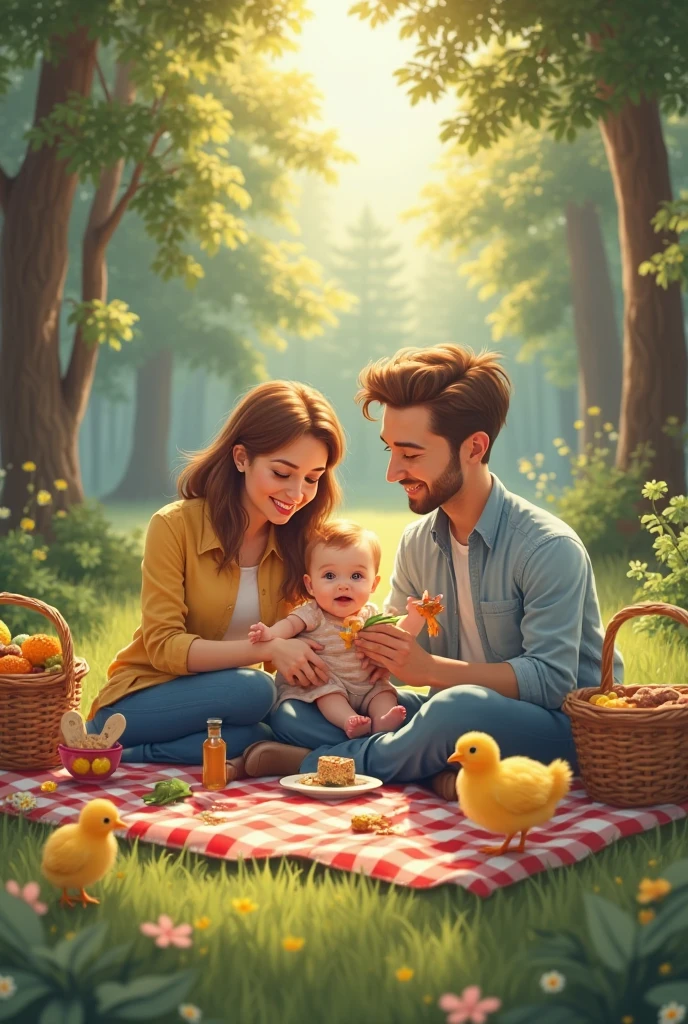 A family of four sits contentedly by a serene lake, where a graceful swan glides past. The man, with light blue eyes and brown hair, leans back on a blanket, smiling at his surroundings. Beside him, the woman with long light brown hair and warm brown eyes, laughs as she helps their two young children. Their son, energetic and curious, is chasing butterflies nearby, while their daughter, playful and shy, helps her mother unpack a picnic basket. The scene is filled with joy, as the family enjoys the simple pleasure of each other’s company in nature.