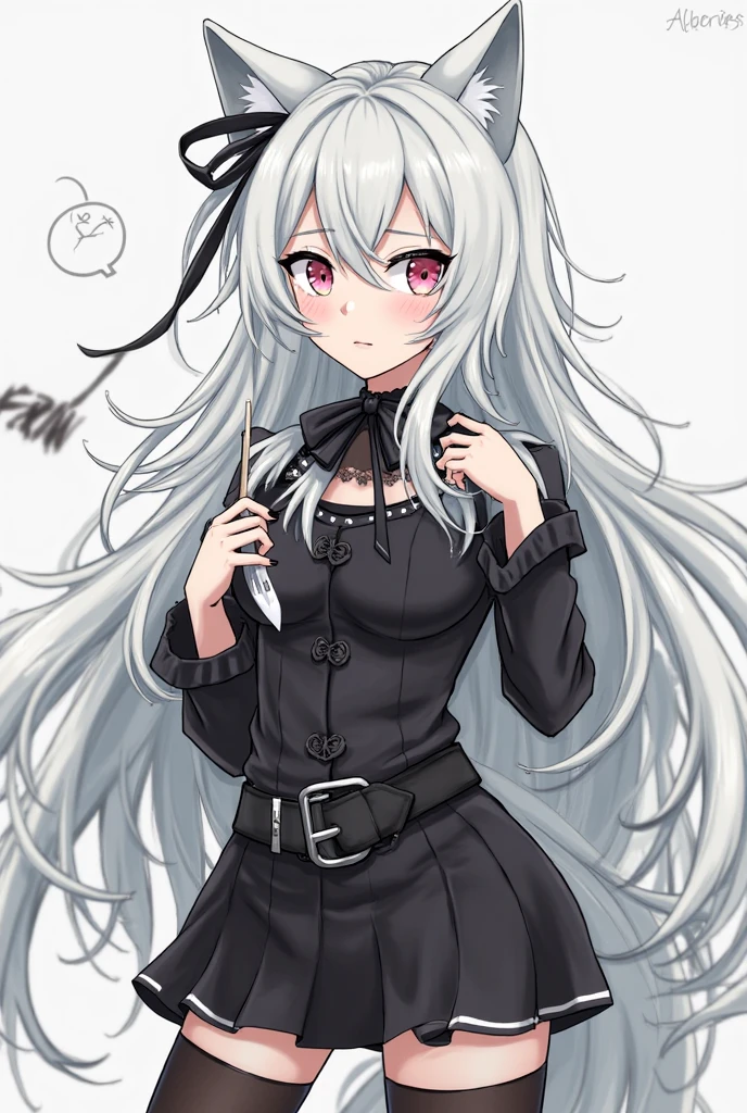 Girl. Formal work suit. Tight white shirt under black formal coat. Black tie. Hands behind body holding buttocks. White hair, squinted sharp eyes, open mouth with visible fangs. 3/4 pose. Black winter hat with multiple spikes on top looking like cat ears, with two ropes on the side that falls on her chest.