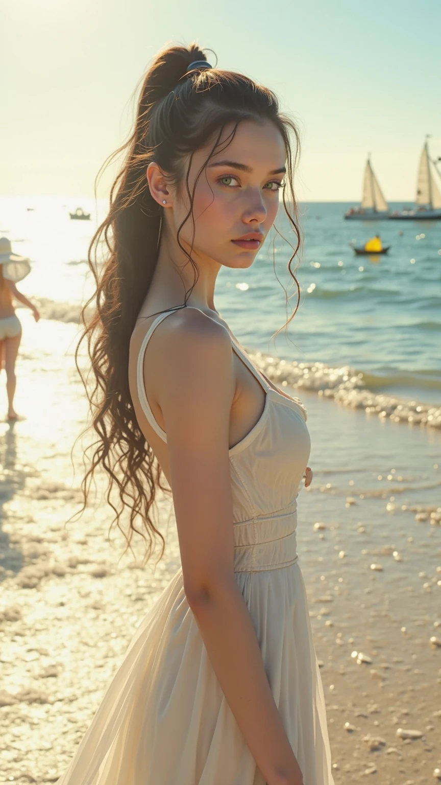 (masterpiece, best quality:1.5), highest quality, High resolution, super detailed, Realists, Chest up photo of a 22-year-old redhead woman, detailed and beautiful eyes, beautiful detailed lips, very detailed eyes and face, longeyelashes, 22-year-old woman in a summer dress, Beautiful and colorful makeup, elegant and noble々Pose,shiny satin headband,, Beach and sea as background, bright daylight, bright colors, fine brushstrokes, Portrait style, beautiful color palette, glowing skin, First-class rendering, that captures every detail, enchanting atmosphere, (perfect anatomy:1.2), (The stunning woman is wearing a short summer dress... She smiles flirtatiously. her arms above her head, Showcasing her figure (magnificent panorama view:1.2)