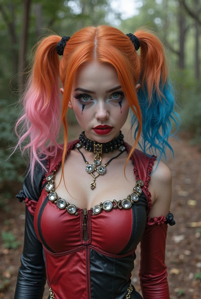 pumpkin hair,With silver headphones,Blue eyes,Red lips are attractive,The full body,white shirt, (((very see-through top))),cropped shoulders,huge tit,There are tattoos on the shoulders, (((Nekomimi))), (((steampunk girl))), (((Halloween)))