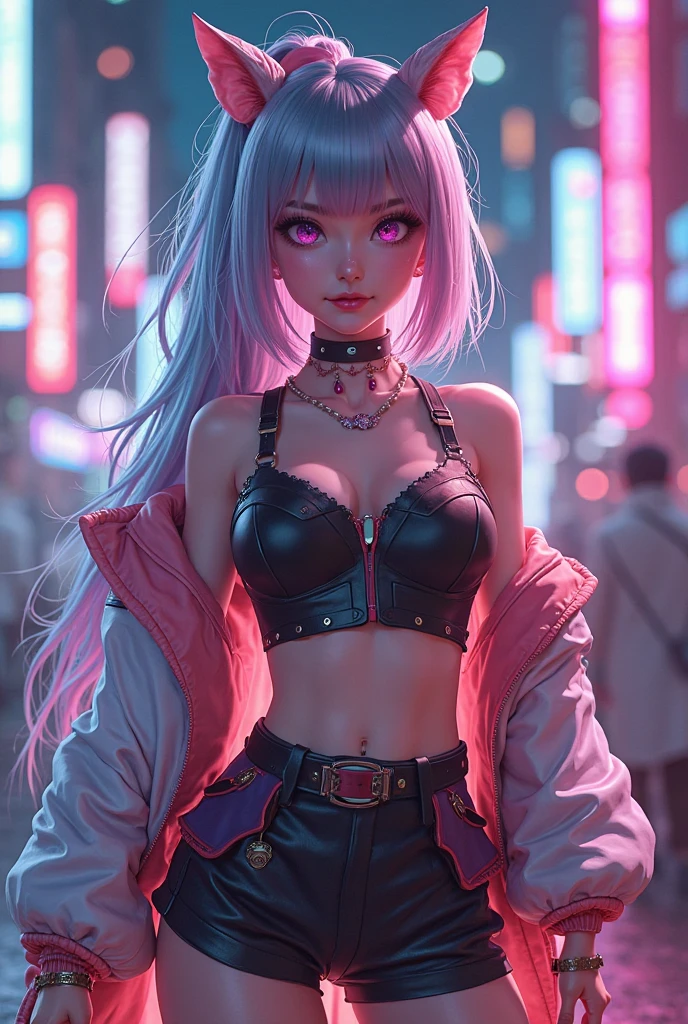 motor ilusorio:1.4,CG K ultrarrealista,Fotorrealista:1.4,Textura de la piel:1.4,obra maestra:1.4,Beautiful woman in doll's underwear、Cyberpunk style yellow shorts,Medias rojas,minifalda azul,erotic lace,tetas grandes, labios grandes y jugosos, muslos gruesos y jugosos
