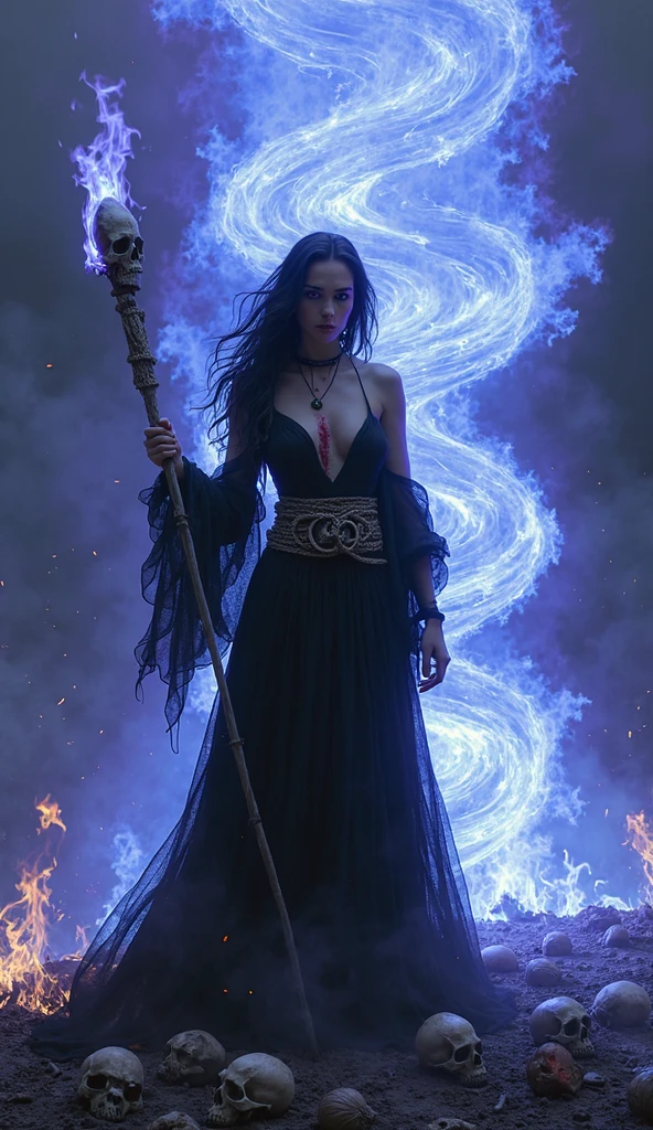 An alluring sorceress stands amidst swirling mists at the edge of a moonlit lake, her robes billowing around her like ethereal clouds, while holding a glowing orb in one hand and her mesmerizing gaze drawing the viewer into a realm of enchantment.