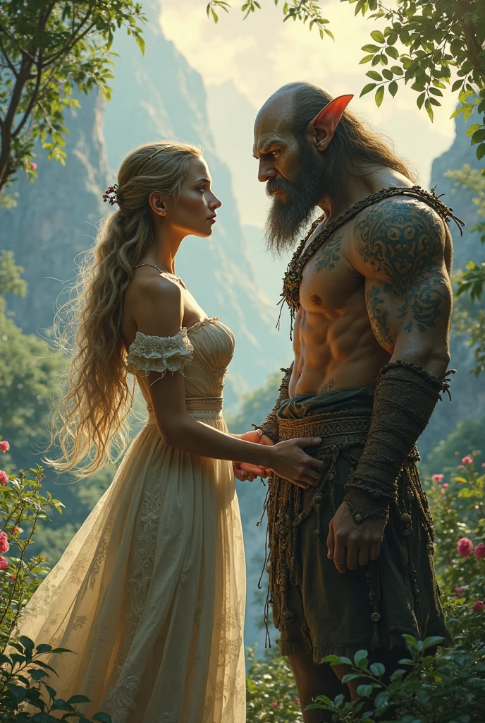 A warrior with two sabers the man is black he has short white hair he is quite muscular he has a styler like Roronoa Zorro he is 2 less muscular he is with a young woman with tousled blond hair who has a black mark on her cheek the young girl's arm is made from black magic