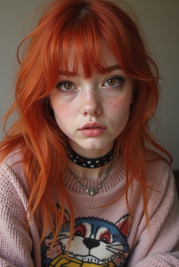 raw photo, (18yo redhead girl:1.2), makeup, rouge, neck lace with heart choker, realistic skin texture, oversize knit jumper, red eyes, softcore, warm lighting, cosy atmosphere, Instagram style
