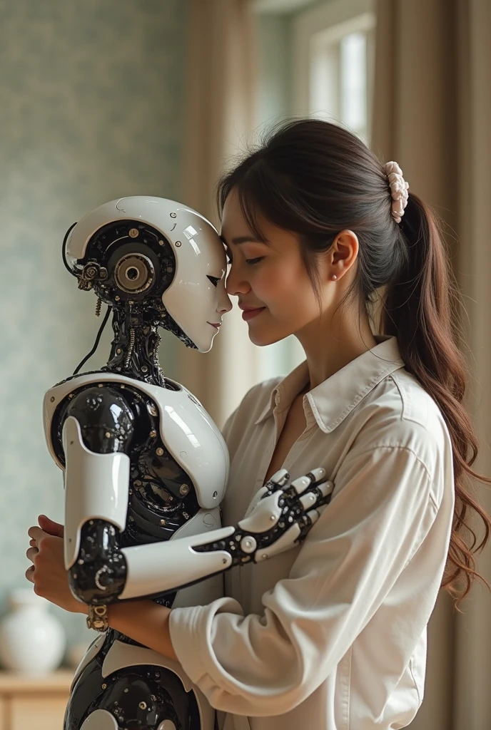 Generate a photo of a girl and a robot talking, but not hold hands. The girl is 22 years old, SHE&#39;S A GROWN WOMAN,Her hair is straight, black, She doesn't have bangs, on her head a white sweetness. The robot and the girl should be sitting on chairs. The background should be a studio. 