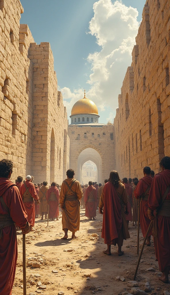 I want a beautiful image with many people building a big wall like in Jerusalem