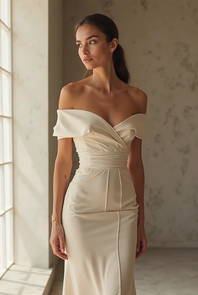 Top quality, Masterpiece, hyper HD, (Photorealistic: 1.4), RAW photo, 1girl，Fashion model，Wearing a white ballgown wedding dress，v-neck style, full body, in white room with indoor decorative palm tree，Stand upright and look straight.
