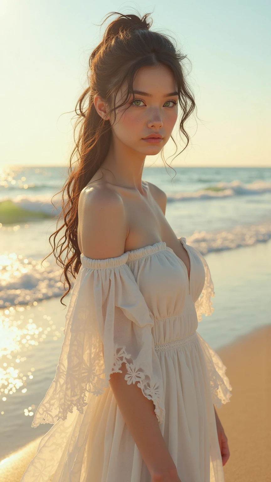 Realistic,fine quality detailed picture,Best quality,high-resolution,1 beautiful girl,feminine,beach