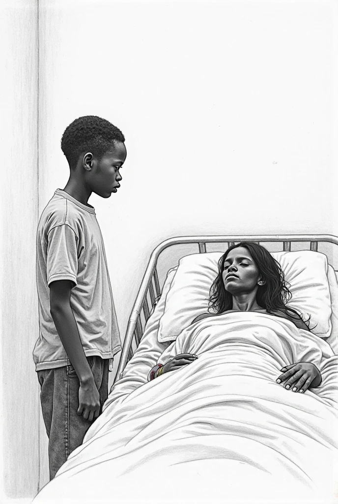 Pencil draw a somali man who appears depressed, with his leg locked chain , symbolizing financial problems, and an image of a sick woman lying in a hospital bed. Make it as it is in rural area. Two muslim daughtors standing next to the bed