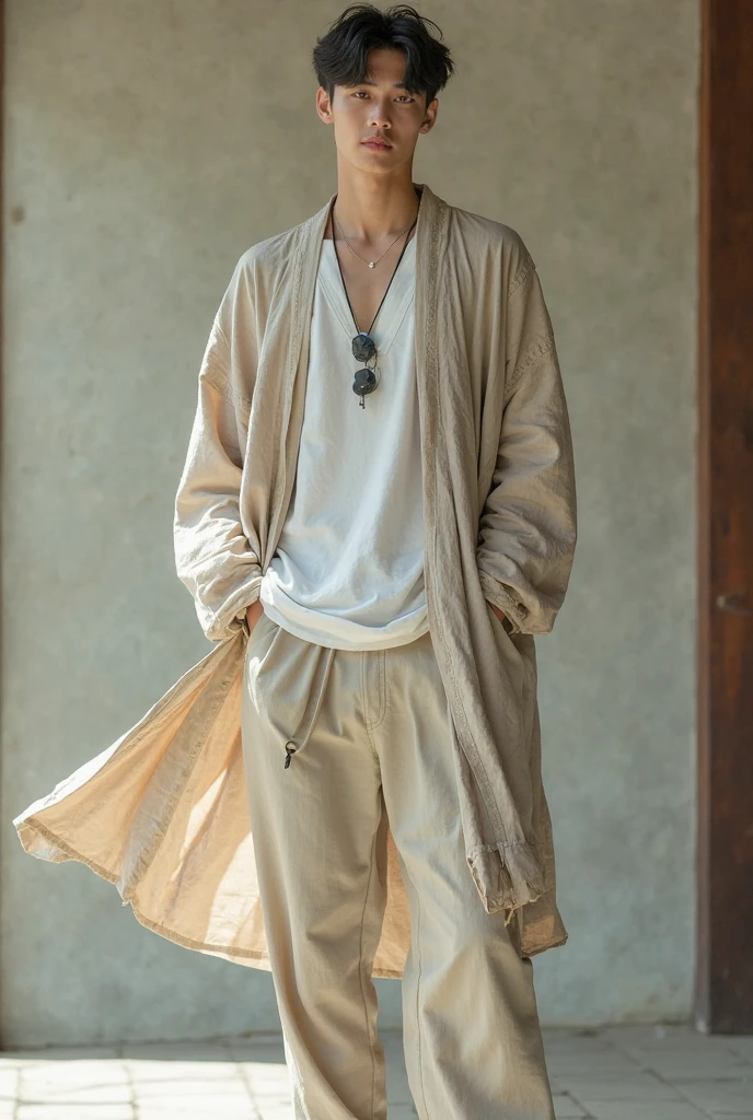Create a man using a beautiful jumpsuit made of light white fabric and a transparent white kimono long to the legs, accessorized with necklaces, watches, bracelets and very modern, beachy sandals