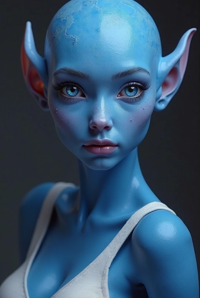 one girl, elf ears, , pure, cute naked, topless, a Woman alien mix, human Body, big tits, shed skin, alien nose but the Rest of the face ist human, (((whiskers))) big eyes, full black eyes, hybride 10 % elf 30 %alien and 60 % human, face mostly woman, shed kin at Body Arms and shoulders and neck, tits are human , nipples , full black Iris, slender No clothes,snake skin, blue skin