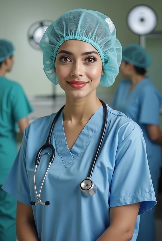 Ultra realistic, Cinematic, surgical nurse, 15 years old, standing in medical changing room, beautiful face, big eyes, big smile, detailed face, wears ultra soft and ultra light slight small teal women surgical scrubs, wears teal surgical scrubs, wide angle , bokeh, all wearing large teal nylon bouffant cap, large teal nylon shower cap, large surgical cap covering hair and ears, short hair fully covered by nylon tissue cap, no hair tails, wears teal surgical long teal scrub top and pants, long scrub top,n, very long scrub top, body fully covered by surgical scrubs