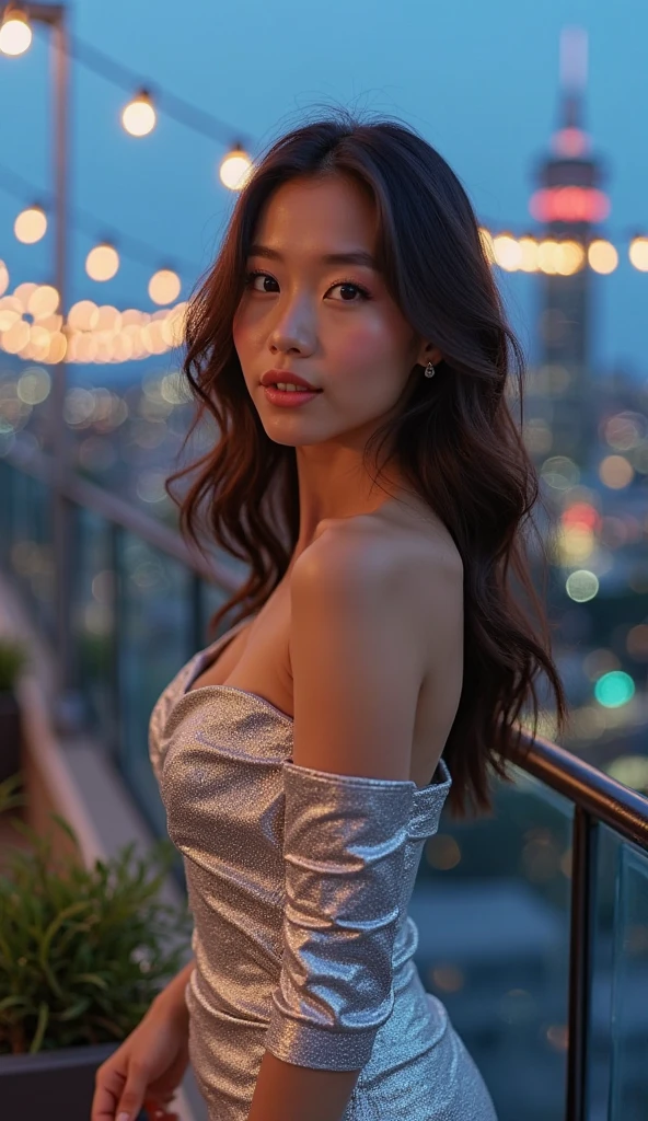 ((A high-resolution, beautiful woman, wearing a fluttering nightgown, standing on a balcony, sunset sky, detailed facial features, long flowing hair, elegant pose)), ((fluttering night gown)), ((penthouse balcony)), ((motion blur)), ((supermodel beauty)), ((majestic beauty atmosphere), (shimmer),