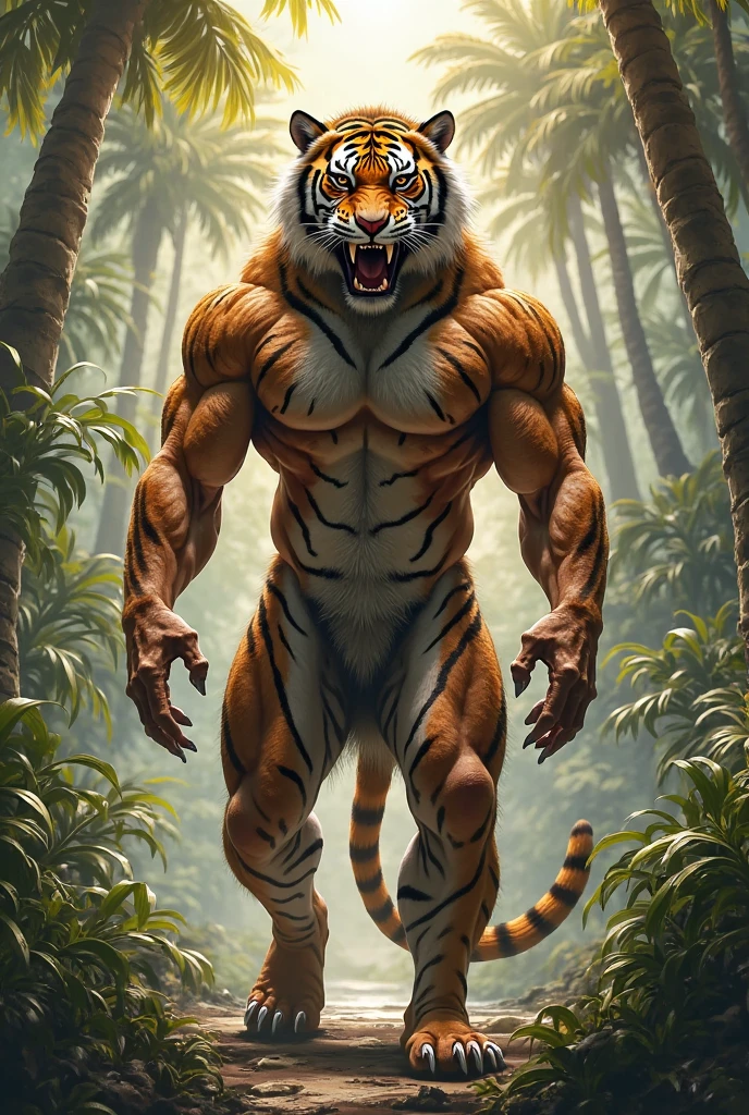((best quality)), ((masterpiece)), a big ass muscular anthropomorphic yellow tiger wearing black thong in a forest at night