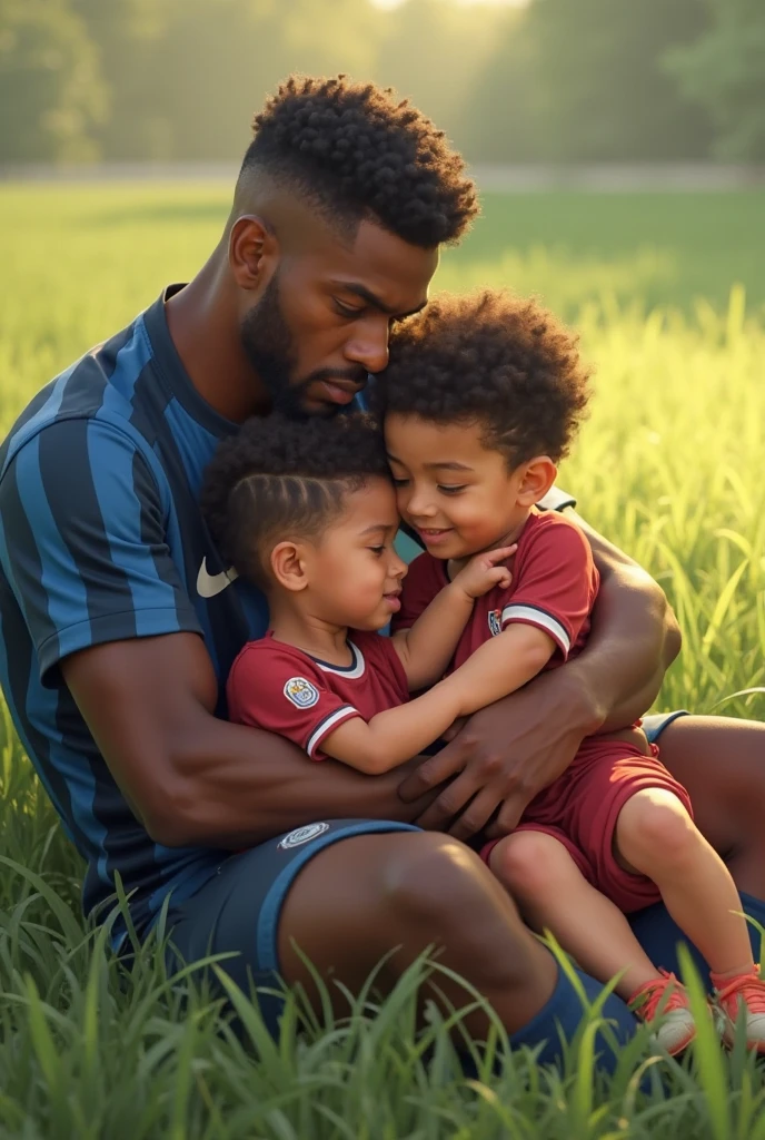 Make a Father's Day image for my black father with the Palmeiras team shirt and a baby with blonde hair but not so blonde and with a little curly hair with the white one