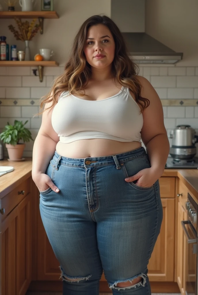 Femme très grosse, assise dans des coussins, Makima, bbwchan, cheveux rouges et yeux jaunes, double menton. Son gros bide sort de son pantalon, elle le carresse avec ses mains. Button pop. Ventre en boule sous le jean. Elle porte un short en jean trop petit et un haut en dentelle, belle lumière sur elle, magnifique femme obese