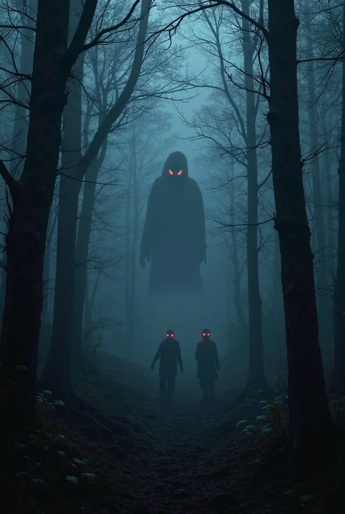 "Create a hyper-realistic image with a dark, mysterious, and terrifying atmosphere. The scene is set in a fog-covered forest at night, with twisted, shadowy trees and dim moonlight barely breaking through the mist. In the distance, eerie, glowing eyes peer from the darkness. The environment feels cold and unsettling, with hints of abandoned structures or ghostly figures lurking in the shadows. The overall vibe should be spine-chilling and evoke a sense of dread and horror."