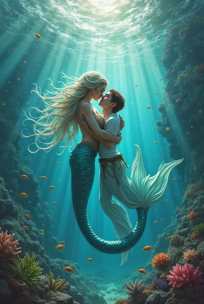 A woman Iara, mermaid in the sea with a beardless white-haired man.