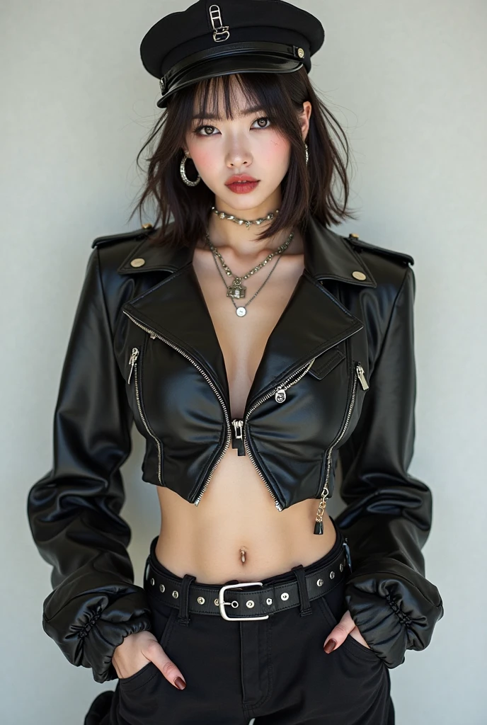 (lifelike,high resolution:1.3), A slim girl, The face shape and eyes are super delicate,black hair,red glossy lips,(beautiful face), (best quality), (Super detailed), (Extremely detailed CG unified 8K wallpaper),(White background),sexy look,big eyes,(standing),sexy pose,Character centered,perfect breast shape,cleavage(Black duckbill hat, white camisole, black leather jacket, belt, denim shorts. Earrings, black neck decorations),(Big ,big breasts),abdominal muscles