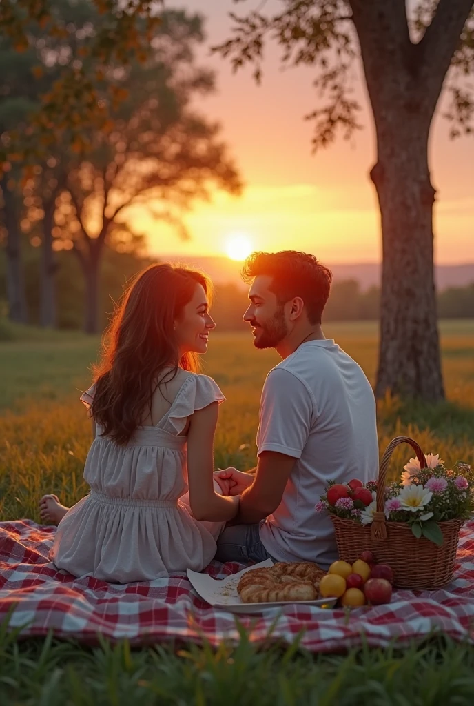 Woman in a picnic sitting on a young man's lap