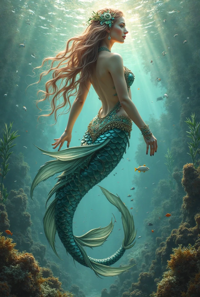 A beautiful mermaid princess captured by children on the coastal beach, serene ocean waves, sandy shore, lush tropical foliage, warm sunlight, detailed facial features, flowing hair, elegant mermaid tail, children playing and fascinated by the mermaid, photorealistic, highly detailed, vibrant colors, dramatic lighting