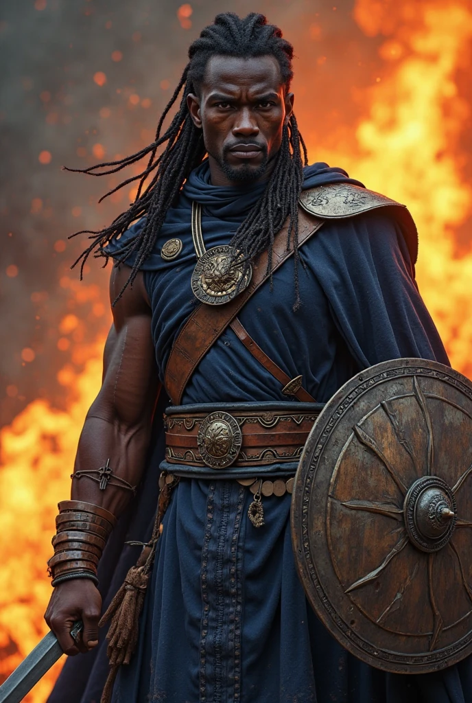 Black African man in cobalt blue pants with dagger weapons, iron on the waist and mario's face with wind effect barefoot with a spear in hand in close-up , in an African clay site . hyperrealistic image