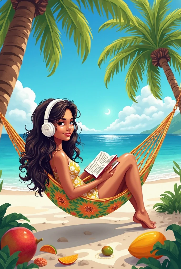 Une fille sur la plage a Hawaï qui a des cheveux brun foncé mi long avec une fleur rose dans les cheveux avec des formes qui boit un coktail sur son transat en train de lire un livre avec le titre sur la couverture « les aventures de Mérine à Hawaï » en grand et clairement visible en français
Elle est sur la plage on voit en fond la plage avec des planches de surf visible et un panneau où il est écrit Hawaï dans le fond avec les planches de surf en version pixar