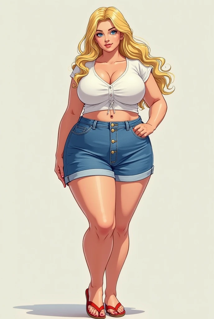 a high chroma、​masterpiece、top-quality、hight resolution、extremely delicate and beautiful、beutiful breast、femele１a person、((独奏、femele１a person、Beige hair、Single-color background、white backgrounid、Longhaire、Curly hair、tshirts、off shoulders、Navel Ejection、shortpants、cleavage of the breast、thick legs、thick thighs、bbw))
