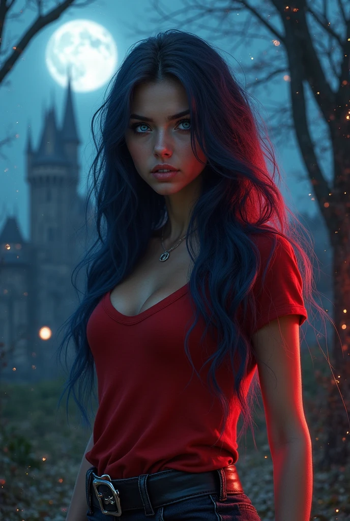 skini girl, red t-shirt , (((((pale skin)))))), blue eyes, white girl, deep black hair, ultra realistic, 16 years old, large breast, (((huge breast))), ponytail hair, candle lights,