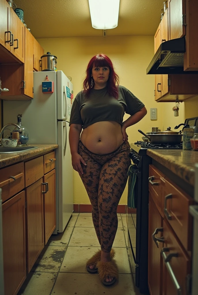 looking at viewer, solo, ((middle breast)), ((belly stuffed)), ((huge belly)), ((very drunk)), ((staggers)), black pantyhose, ((drank too much)), ((exhausted)), ((agitated)), ((in front of a fridge)), ((open fridge)), ((lean on the fridge)),