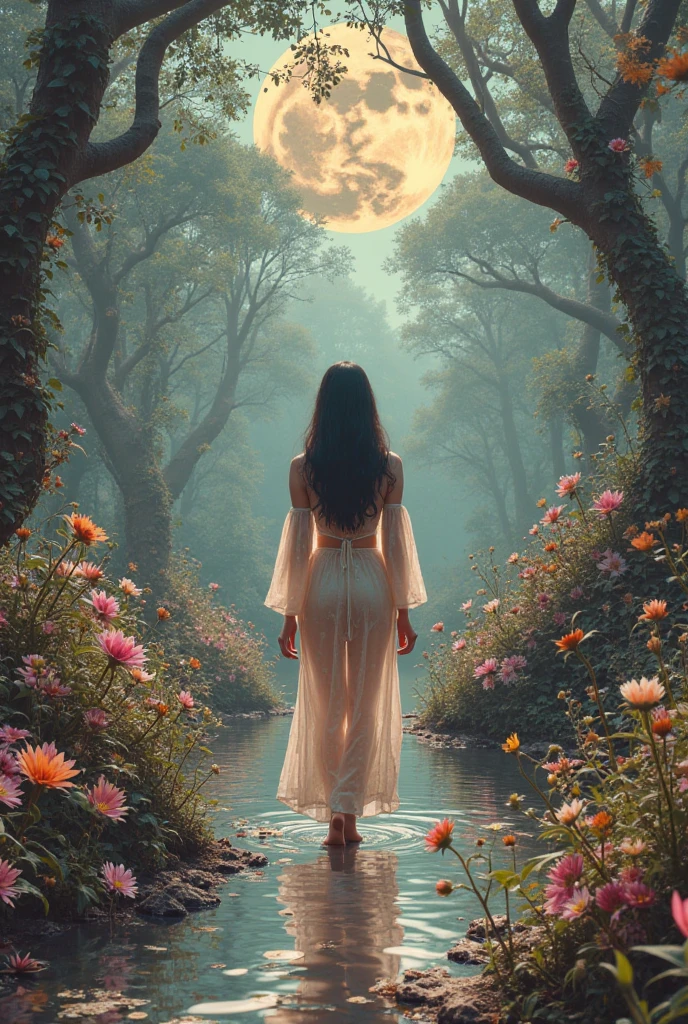 a beautiful woman in a colourful sheer airy dress with intricate embroidery, nude underneath, strolling through a lavish flower garden at night, long wavy hair, glowing skin, ethereal, cinematic lighting, moody colors, magical realism, romantic, high quality, detailed, photorealistic
