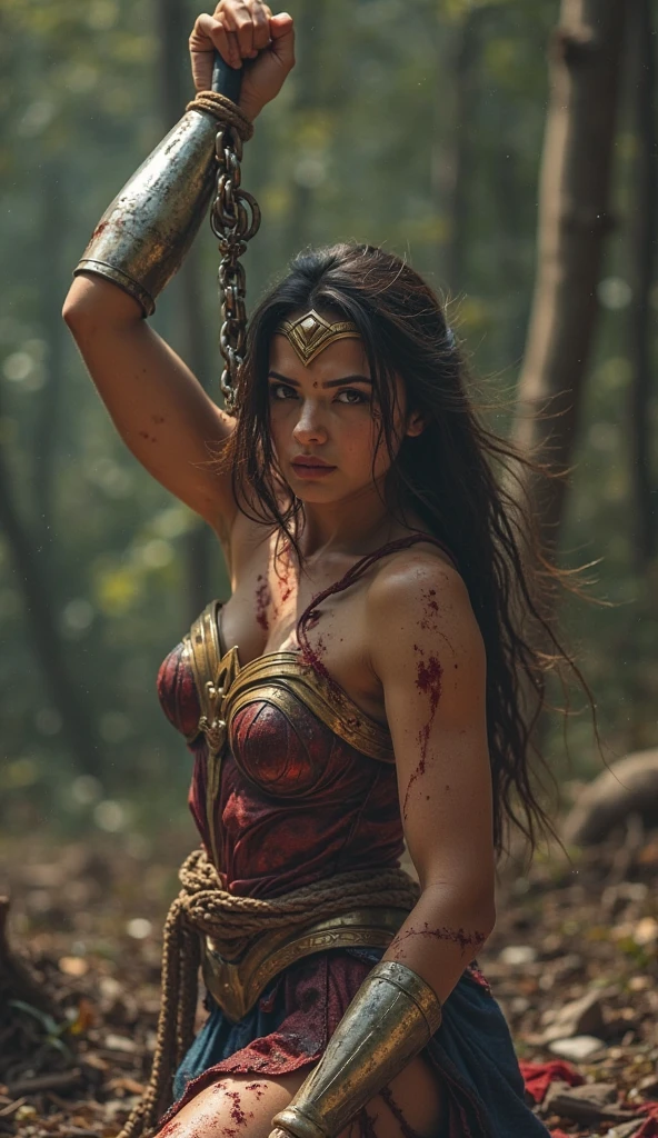 Promt A beautiful Indonesian female warrior holding a sword, with a white tiger spirit emerging from her body and showing a fierce face. She is fighting against enemies in the courtyard of a palace, and there is a palace wall beside her. The scene is chaotic and violent, with blood, fire, and smoke everywhere. The enemies are wearing armor and helmets, and some of them have shields and spears. The palace wall is decorated with flags and banners, and has a gate that is partially destroyed. The image is realistic, detailed, and vivid, with sharp contrasts, shadows, and textures. The warrior and the tiger spirit are the focal points of the image, and their expressions and poses show their courage and determination. The image is enhanced with more realism, detail, and chaos, with more blood splatters, fire sparks, smoke effects, and enemy corpses. The warrior and the tiger spirit are surrounded by enemies, but they are not afraid. The image is dynamic and dramatic, with a sense of motion and tension.