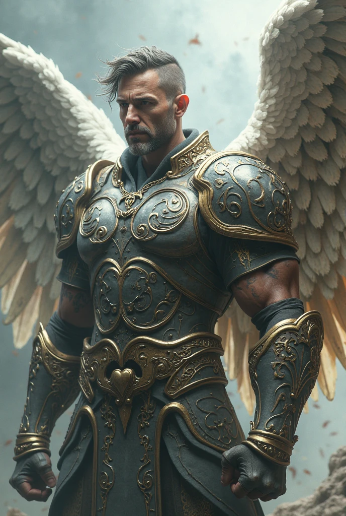 a muscular man in black armor with bandages, facing the viewer, with manly features, scars and wounds, smooth skin, sharp focus, illustration, guts (berserk), dark angel wings, cinematic lighting, dramatic pose, hyper detailed, oil painting, photorealistic, chiaroscuro, muted colors, moody atmosphere