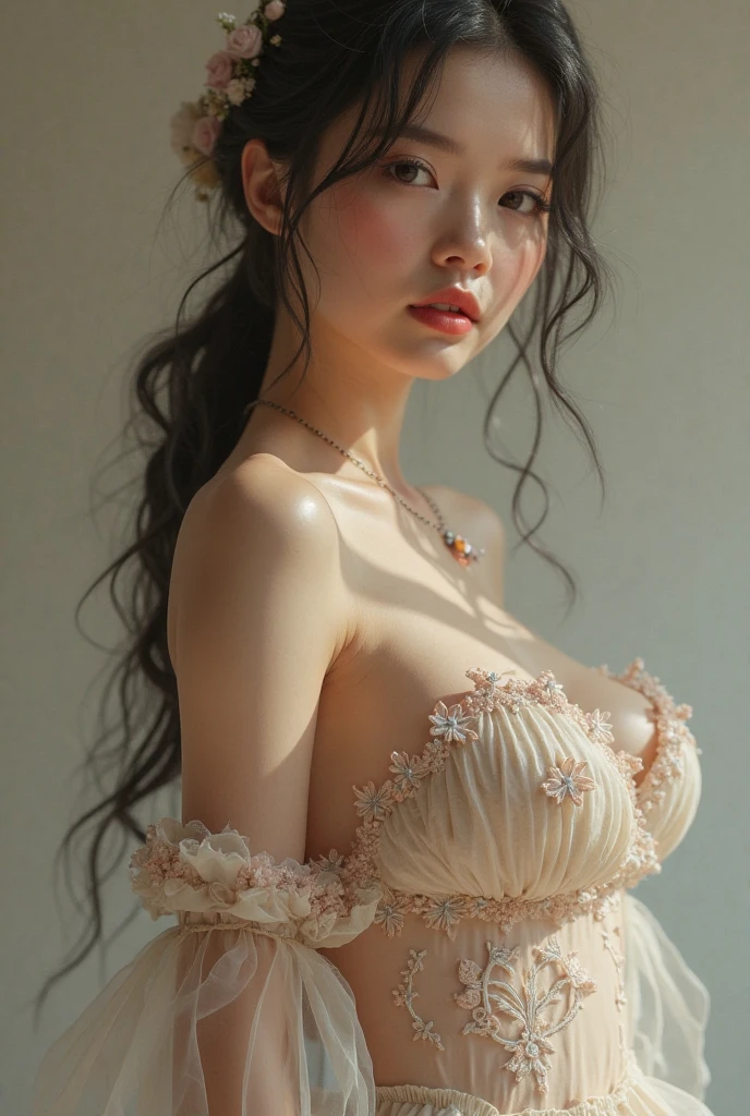 Portrait of a beautiful young Japanese woman、One Girl、18-year-old、alone、(The whole body is projected)、(She wraps her naked body )、(Shooting from above:1.2)、(Lie down)、(Sensual World)、Beautiful and sexy、Embarrassed face、Ecstatic expression、Beautiful Face、(Photorealistic)、Detailed facial depiction、Shortcuts、Black Hair、(Small breasts:1.2)、Moisturized Skin、jewelry、Countless flowers and feathers、Romantic atmosphere、(Soft Focus)、(Bokeh:1.2)、(Soft Landing)、(Fractal Art)、(Alphonse Mucha Style)、Artistic photography、(Highest quality, masterpiece, High resolution)、8k、wallpaper、