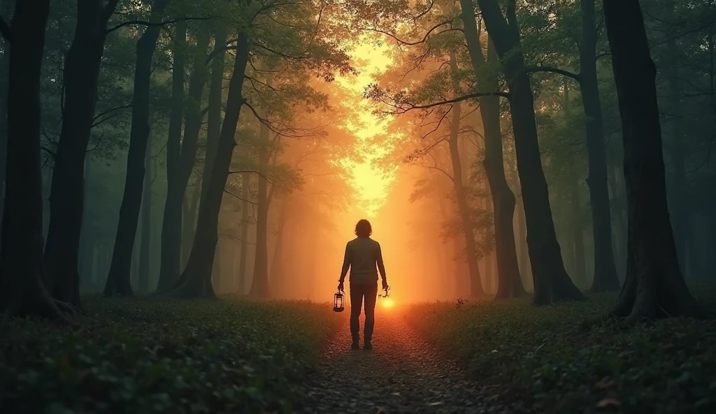 A person standing at the edge of a dark forest, holding a small glowing ...